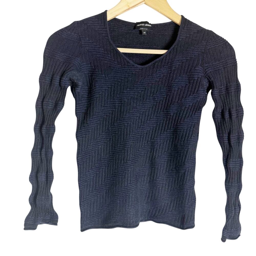 Giorgio Armani Navy Blue Cashmere Silk Ribbed Knit Long Sleeve V-Neck Sweater XS